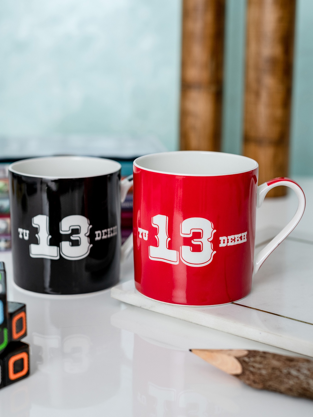 

GOODHOMES Black & Red 2-Pieces Printed Bone China Coffee Mug Set