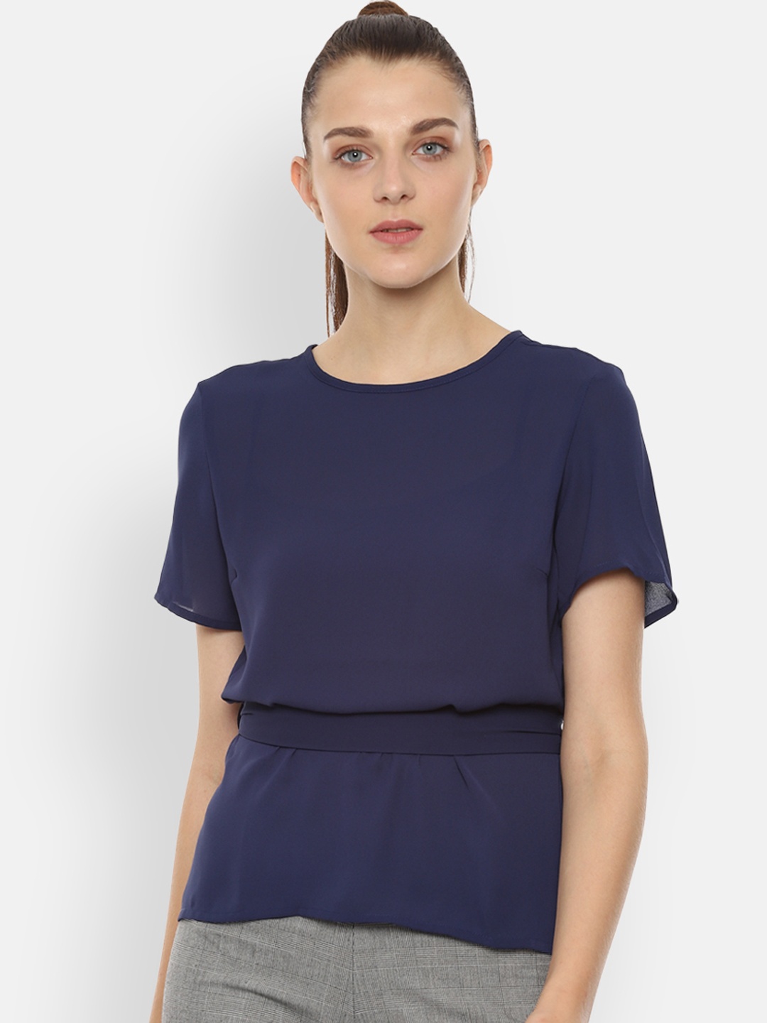 Van Heusen Woman Navy Blue Solid Cinched Waist Top