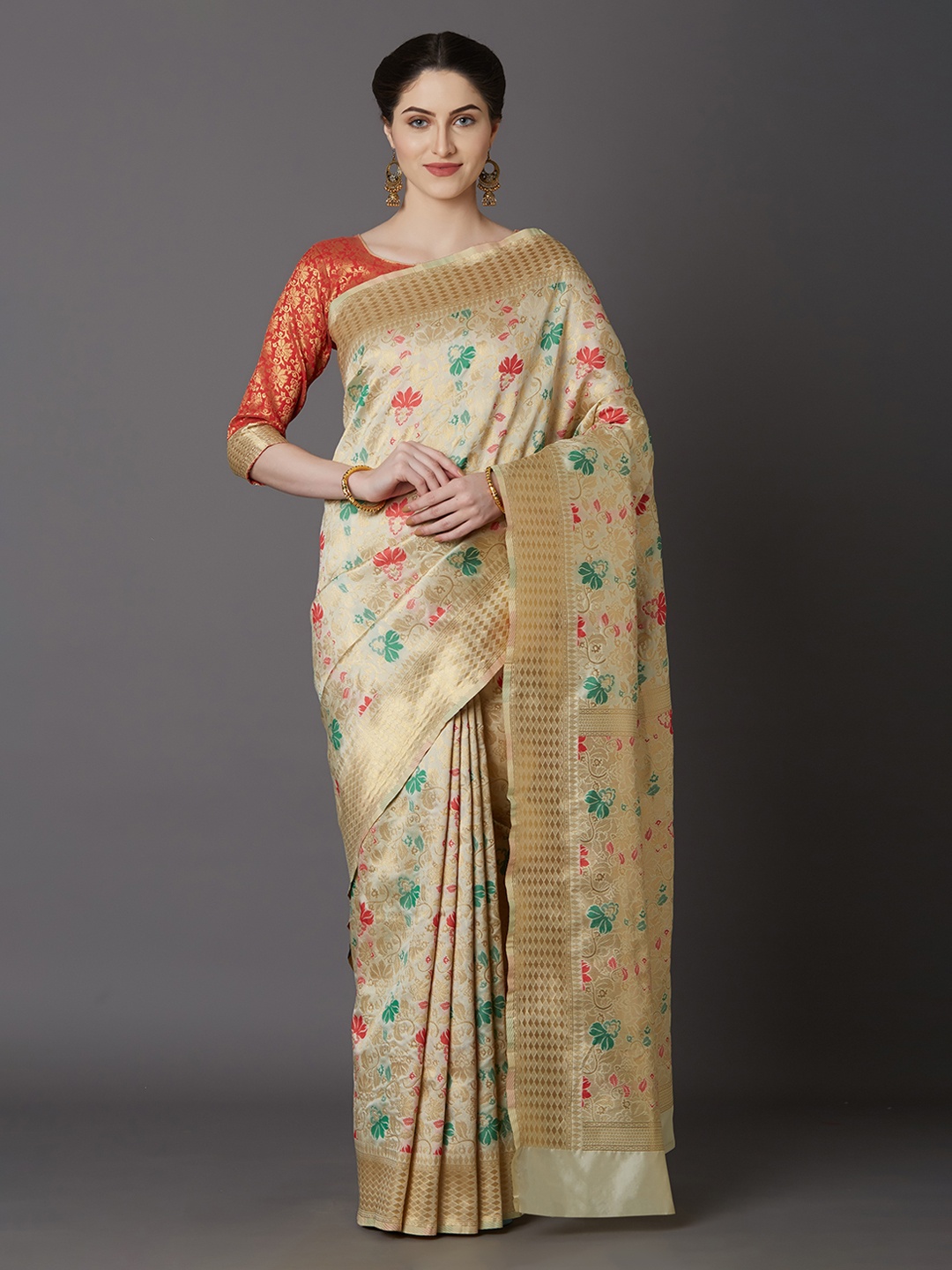 

Mitera Cream-Coloured & Gold-Toned Silk Blend Printed Kanjeevaram Saree