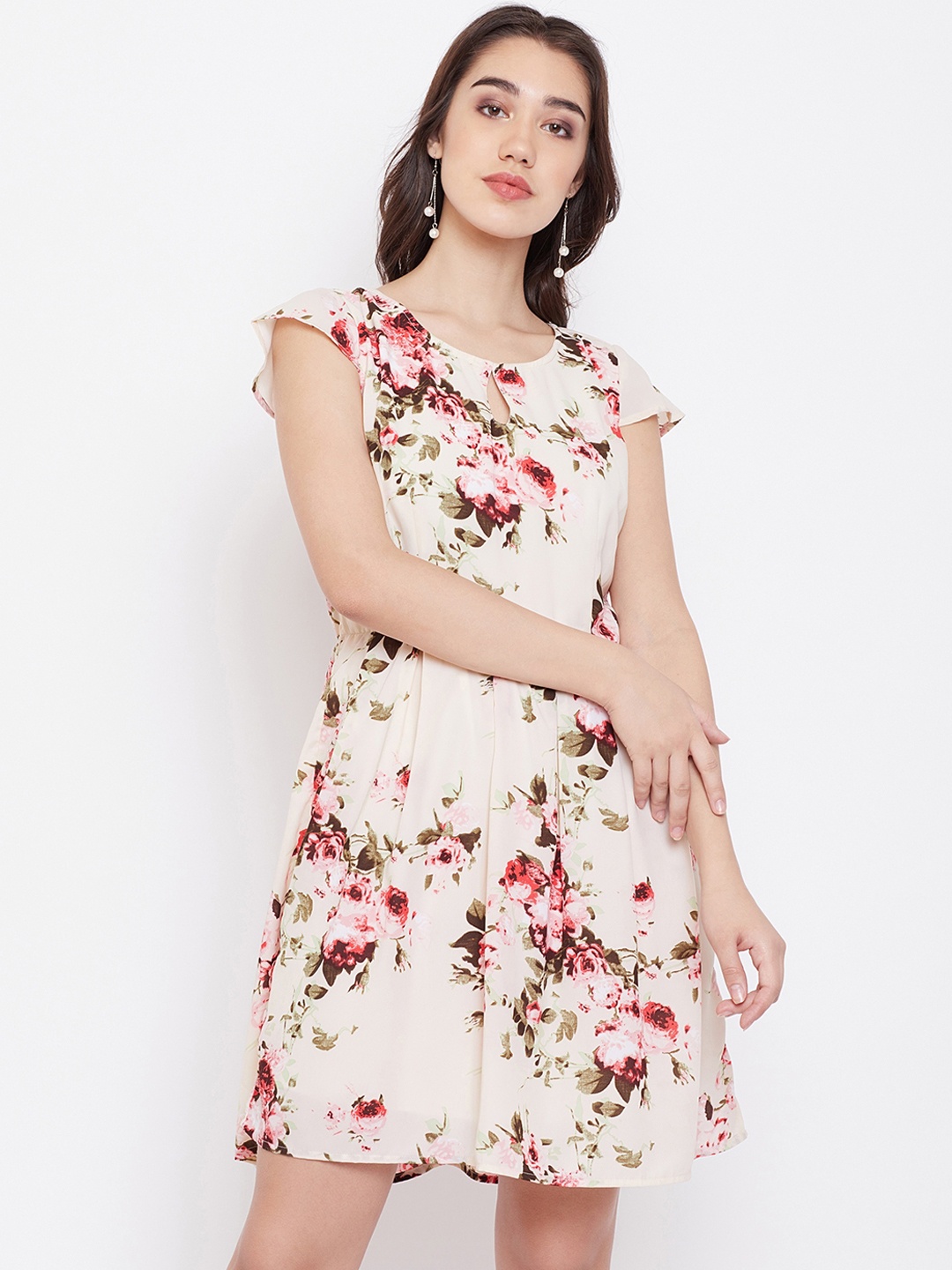 

PURYS Women Off-White & Red Floral Printed Fit and Flare Dress