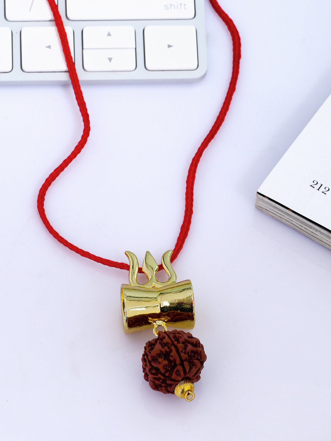 

Dare by Voylla Men Gold-Plated Red Damru & Trishul Shaped Handcrafted Rudraksha Beaded Pendant