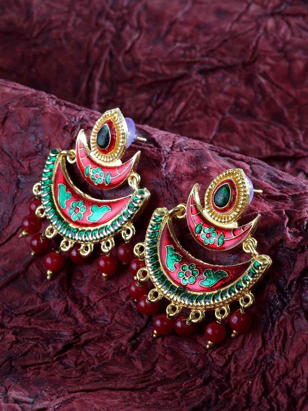 

Moedbuille Green & Red Gold-Plated Crescent Shaped Handpainted Drop Earrings
