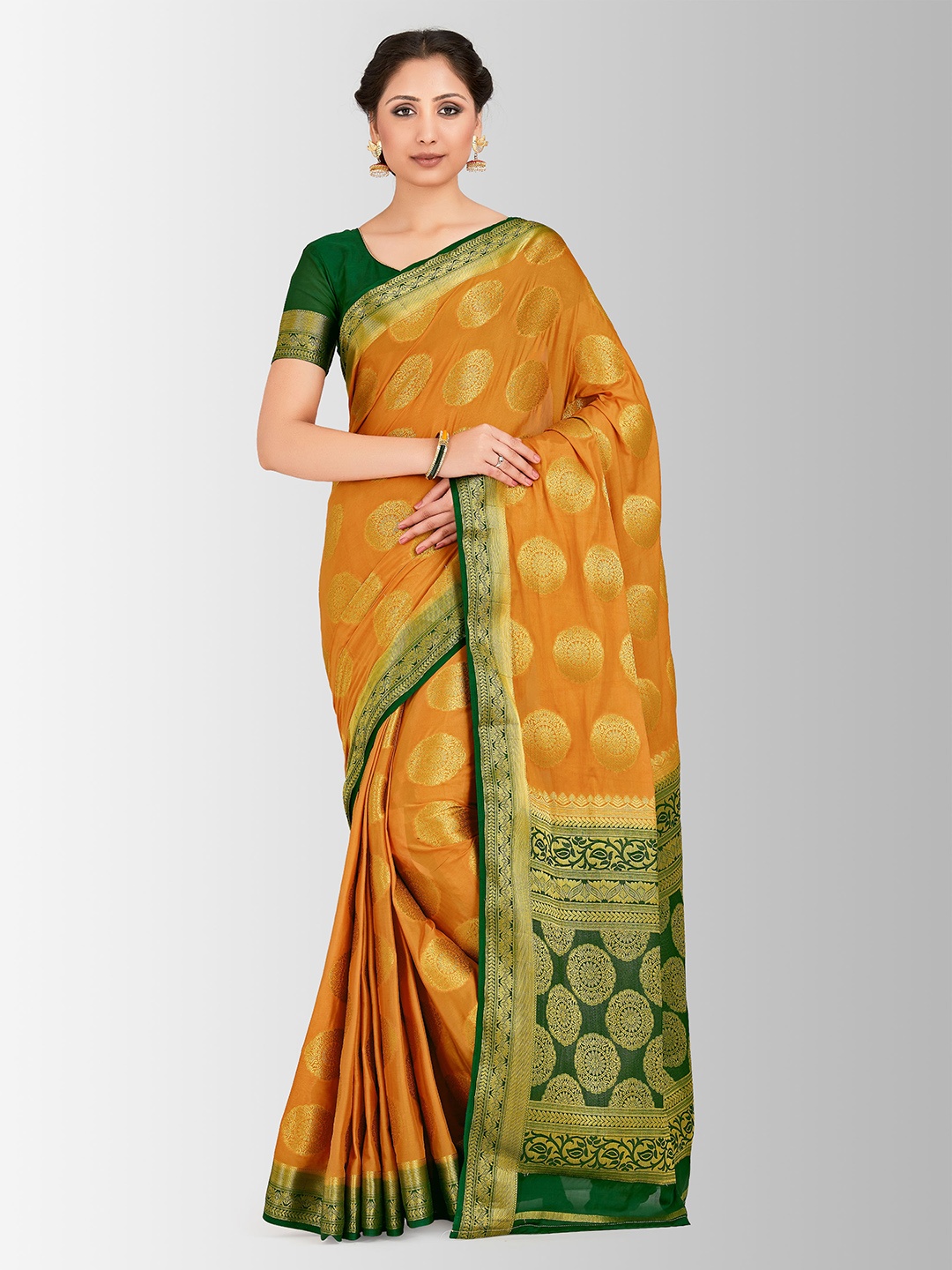 

MIMOSA Mustard & Green Poly Crepe Woven Design Mysore Silk Saree