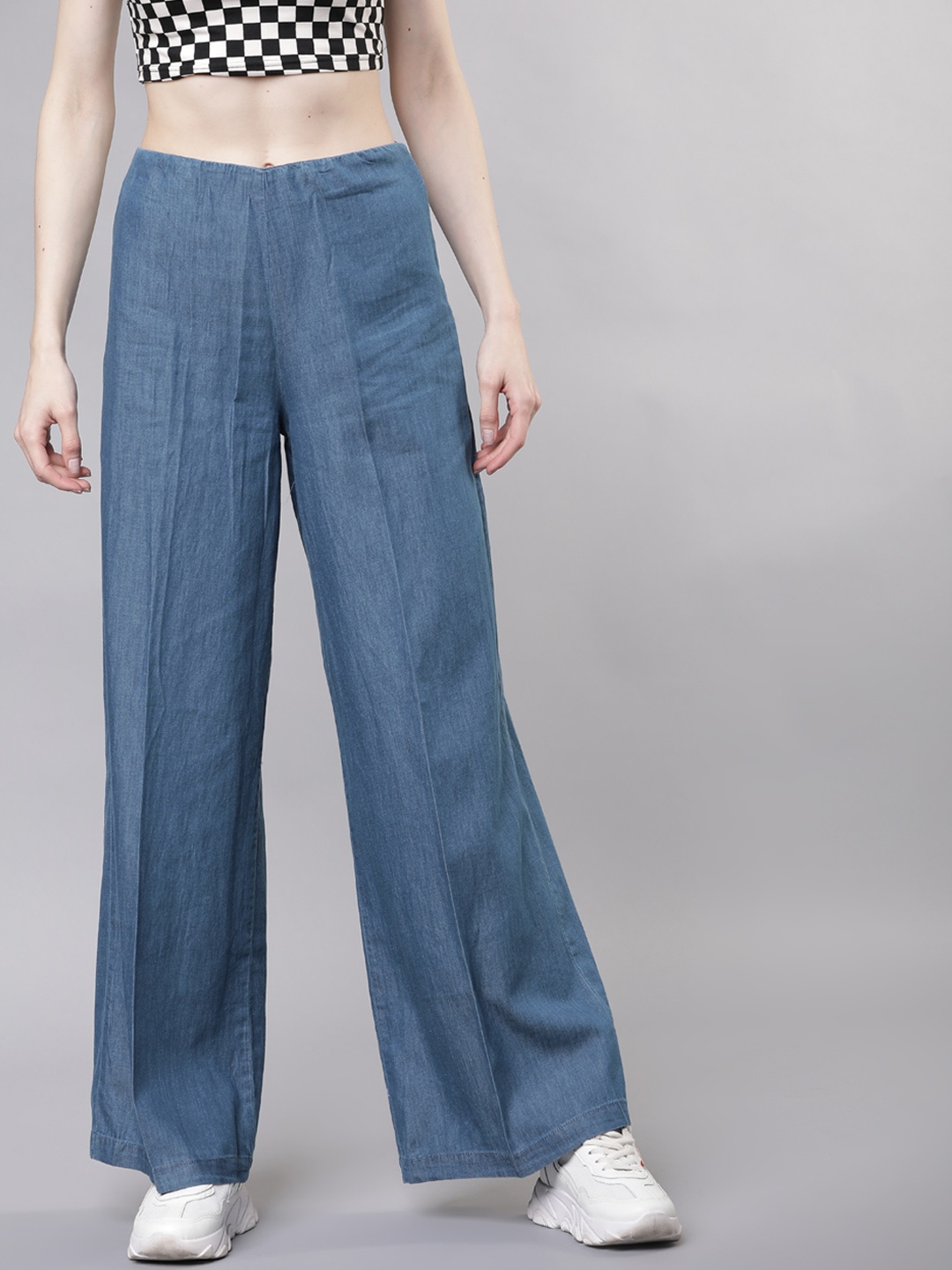 

Basics By Tokyo Talkies Women Blue Solid Denim Wide Leg Palazzos