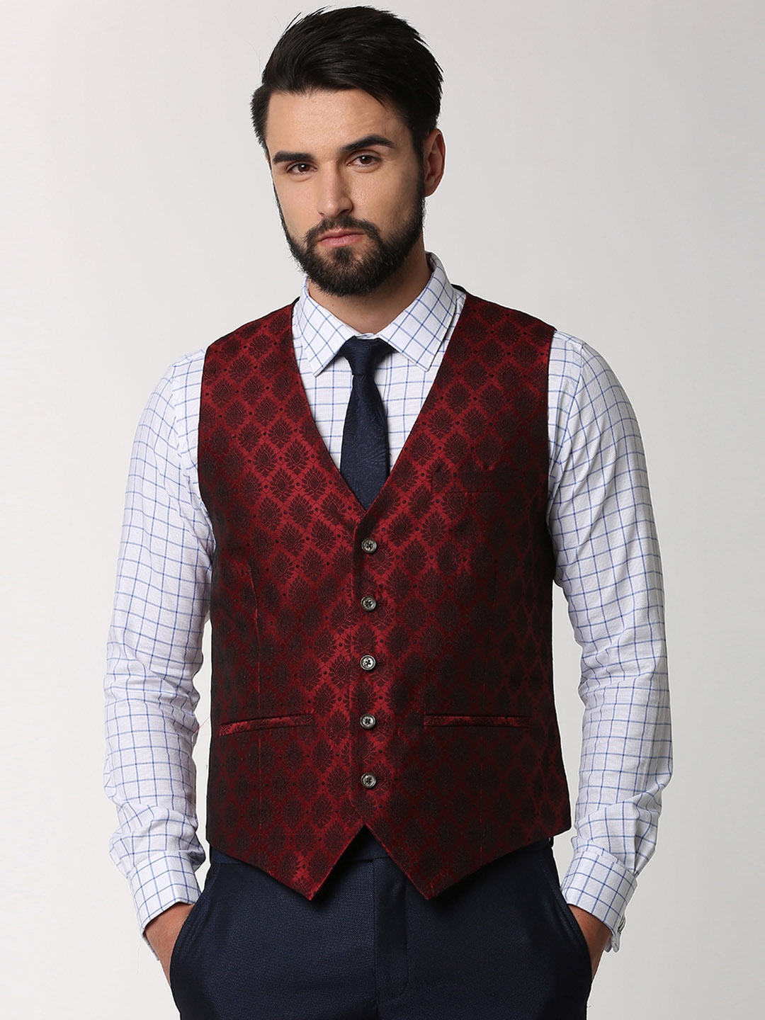 

Peter England Men Maroon Printed Woven Waistcoat