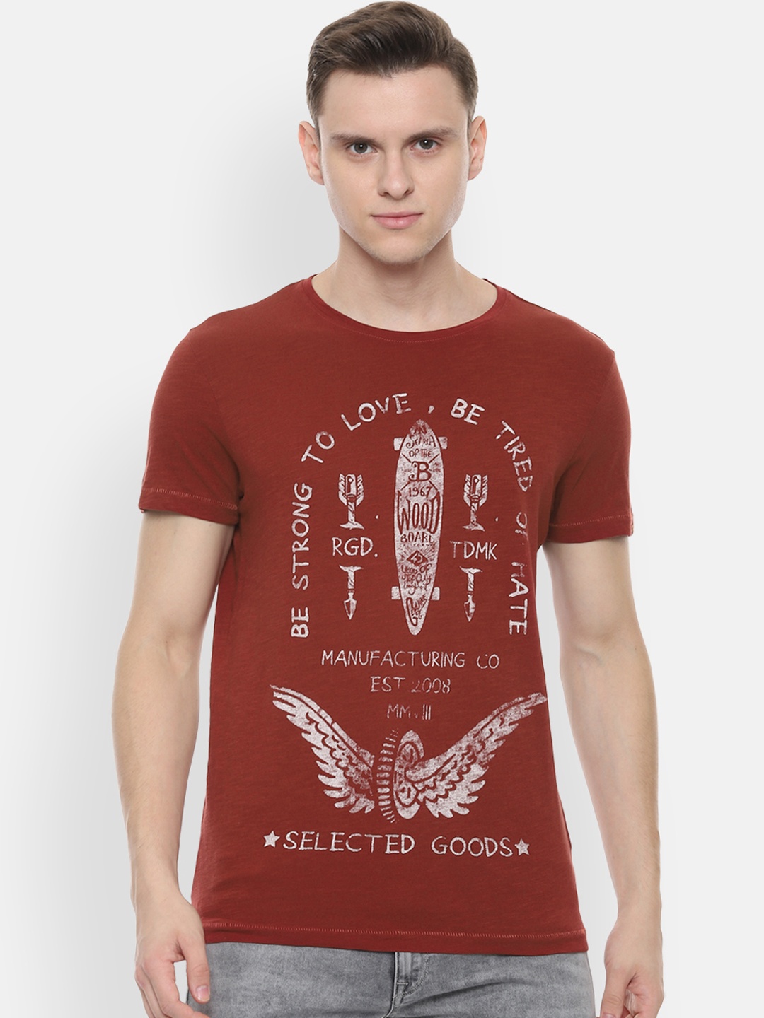 People Men Maroon Printed Round Neck Pure Cotton T-shirt