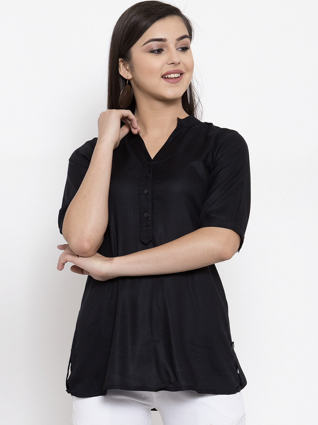 

Ayaany Women Black Solid Shirt Style Pure Cotton Top