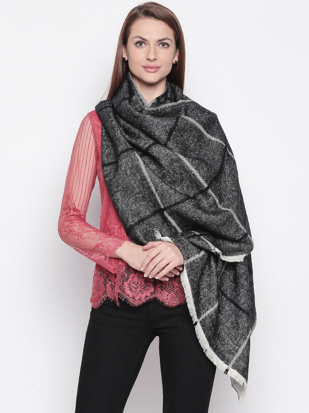 

Style Quotient Women Black & White Checked Reversible Shawl