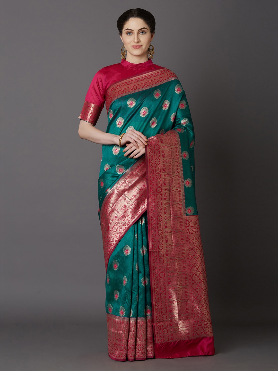

Mitera Teal Silk Blend Woven Design Kanjeevaram Saree
