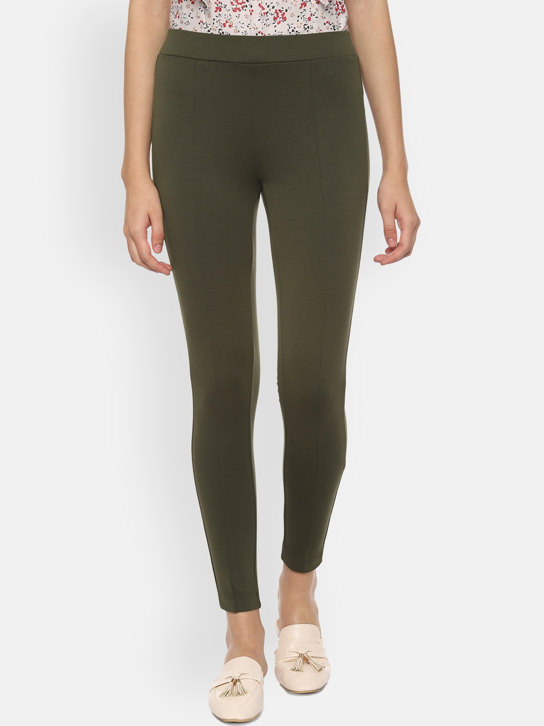 People Women Olive Green Solid Ankle Length Leggings