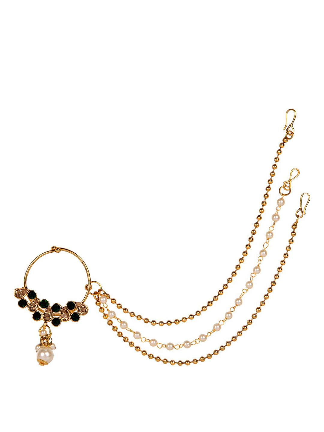 

ANIKAS CREATION Gold-Plated & Off-White Beaded & Stone-Studded Chained Nose Ring