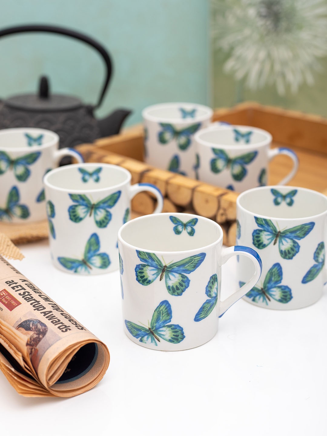 

GOODHOMES Set Of 6 White & Blue Printed Bone China Cups Set