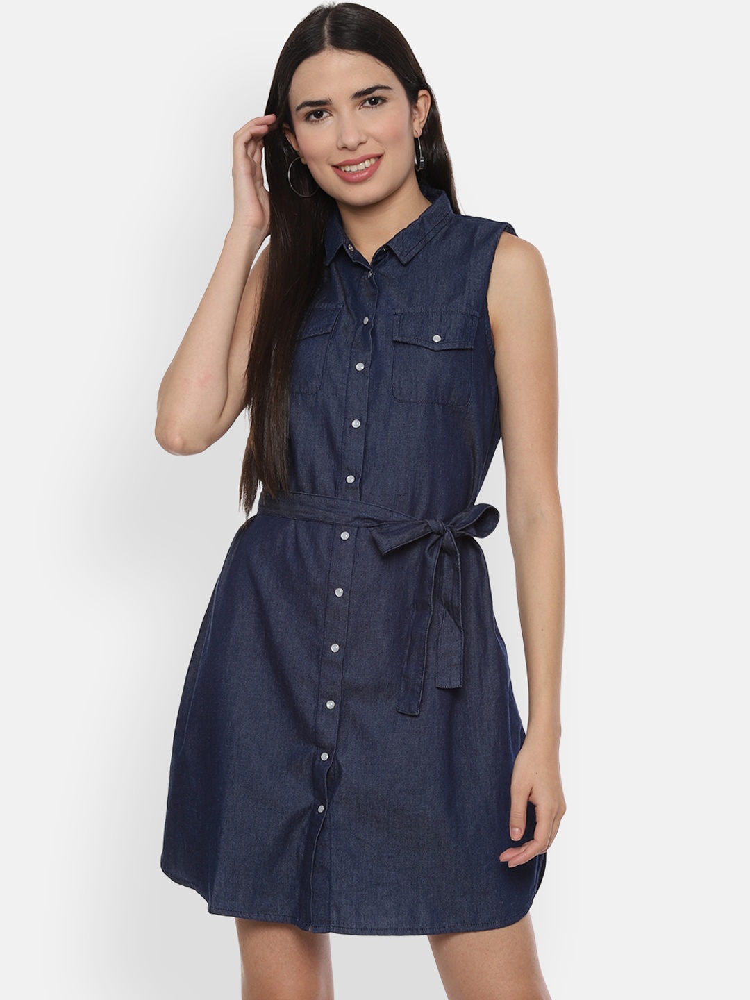 

People Women Navy Blue Solid Shirt Denim Dress