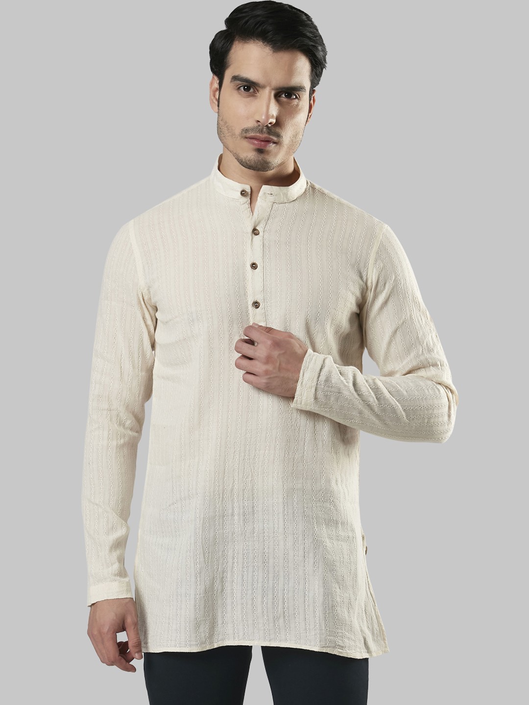 

Ethnix by Raymond Men Beige Woven Design Straight Kurta
