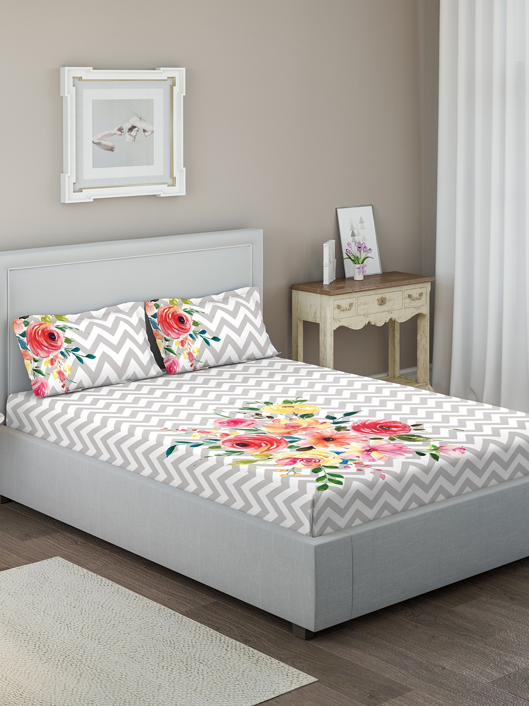 

DDecor White & Grey Floral 144 TC Cotton 1 Queen Bedsheet with 2 Pillow Covers