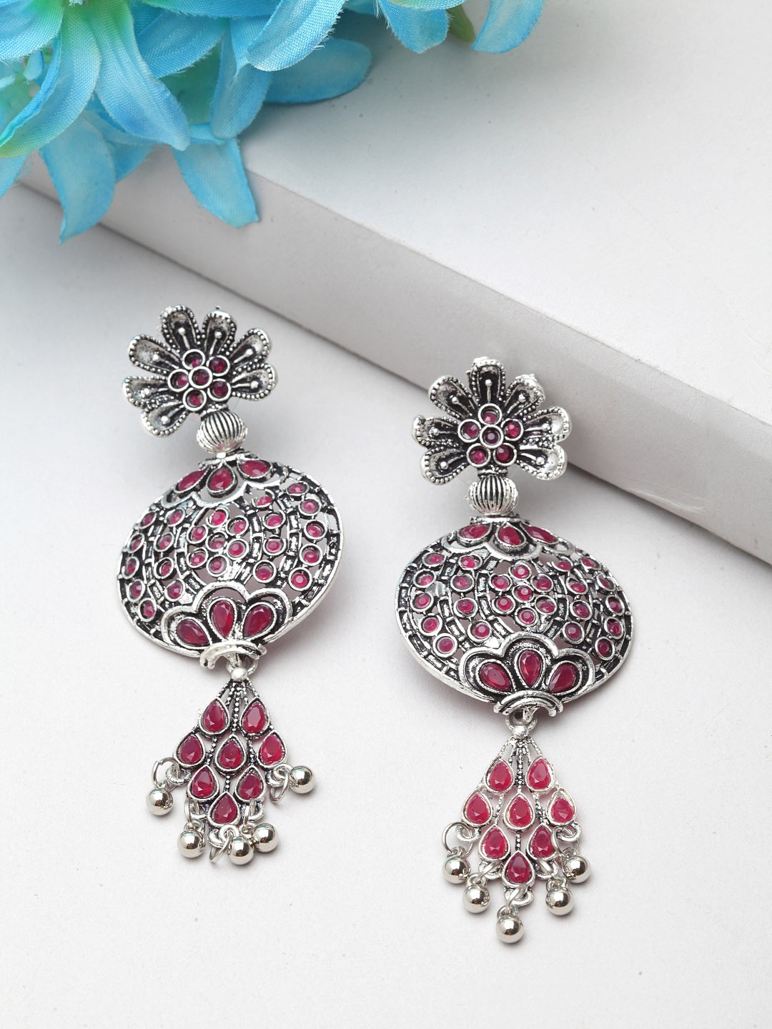 

Moedbuille Silver Plated Handcrafted Floral Drop Earrings, Red