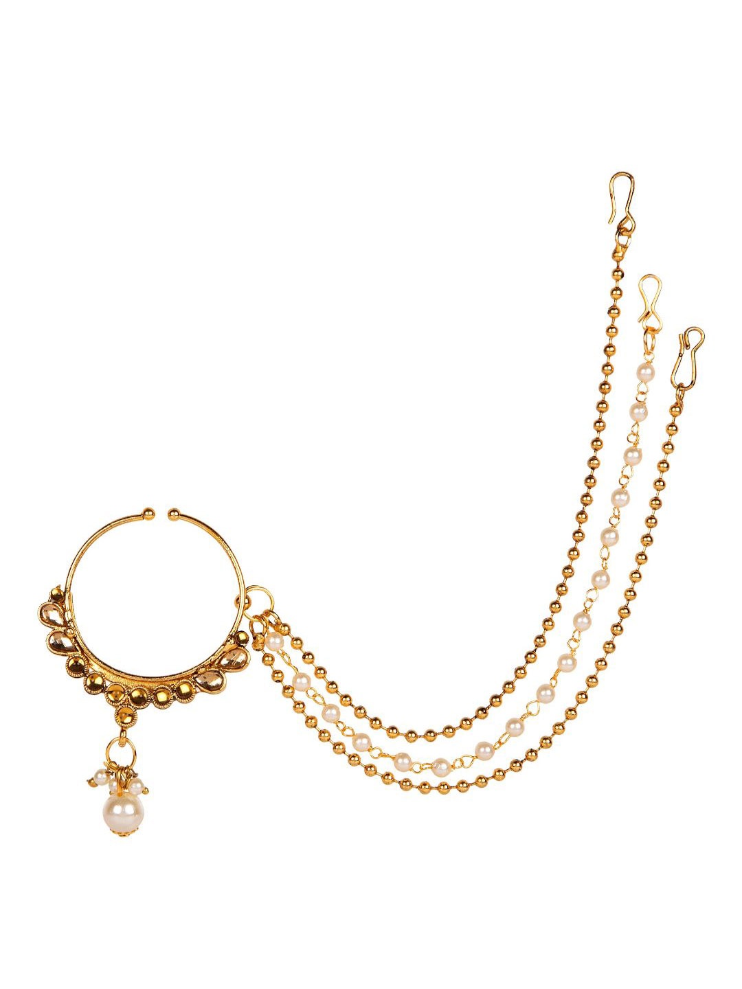 

ANIKAS CREATION Gold-Plated & Off-White Beaded & Stone-Studded Chained Nose Ring