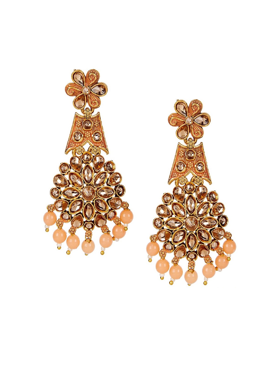 

ANIKAS CREATION Gold-Plated & Peach-Coloured Enamelled Classic Drop Earrings