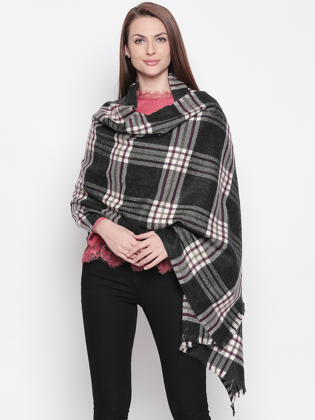 

Style Quotient Women Charcoal Grey & White Checked Shawl
