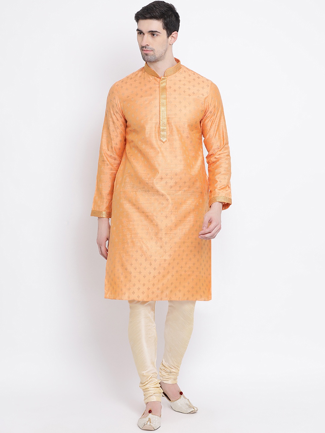 

Sanwara Men Orange & Gold-Toned Woven Design Pure Silk Kurta with Churidar