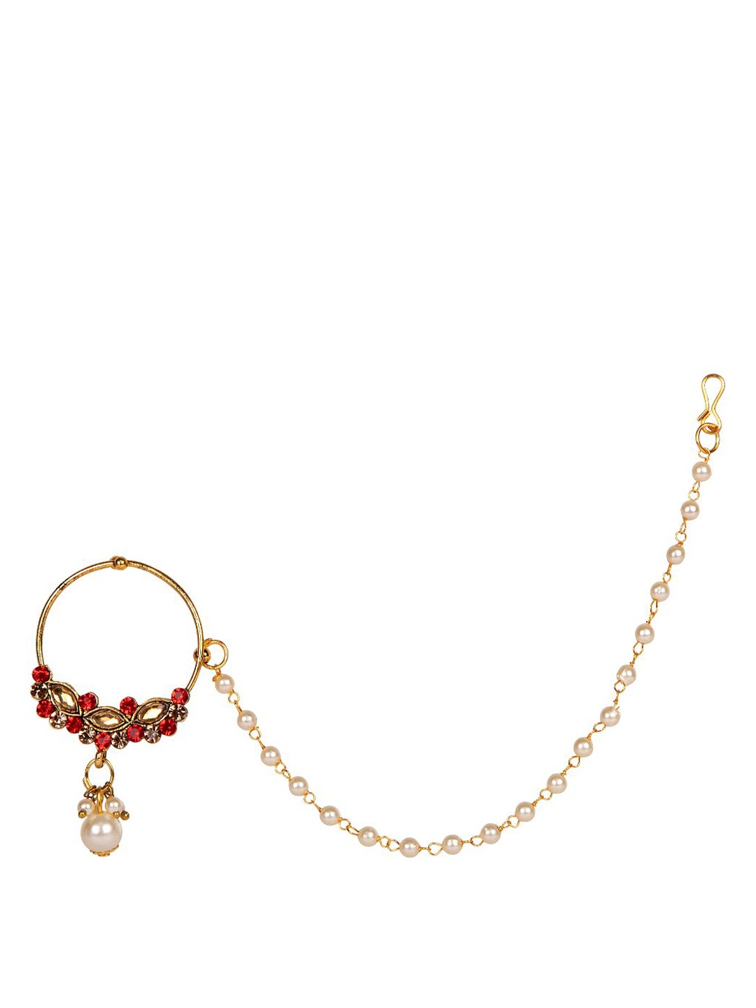 

ANIKAS CREATION Gold-Plated & Off-White Beaded & Stone-Studded Chained Nose Ring