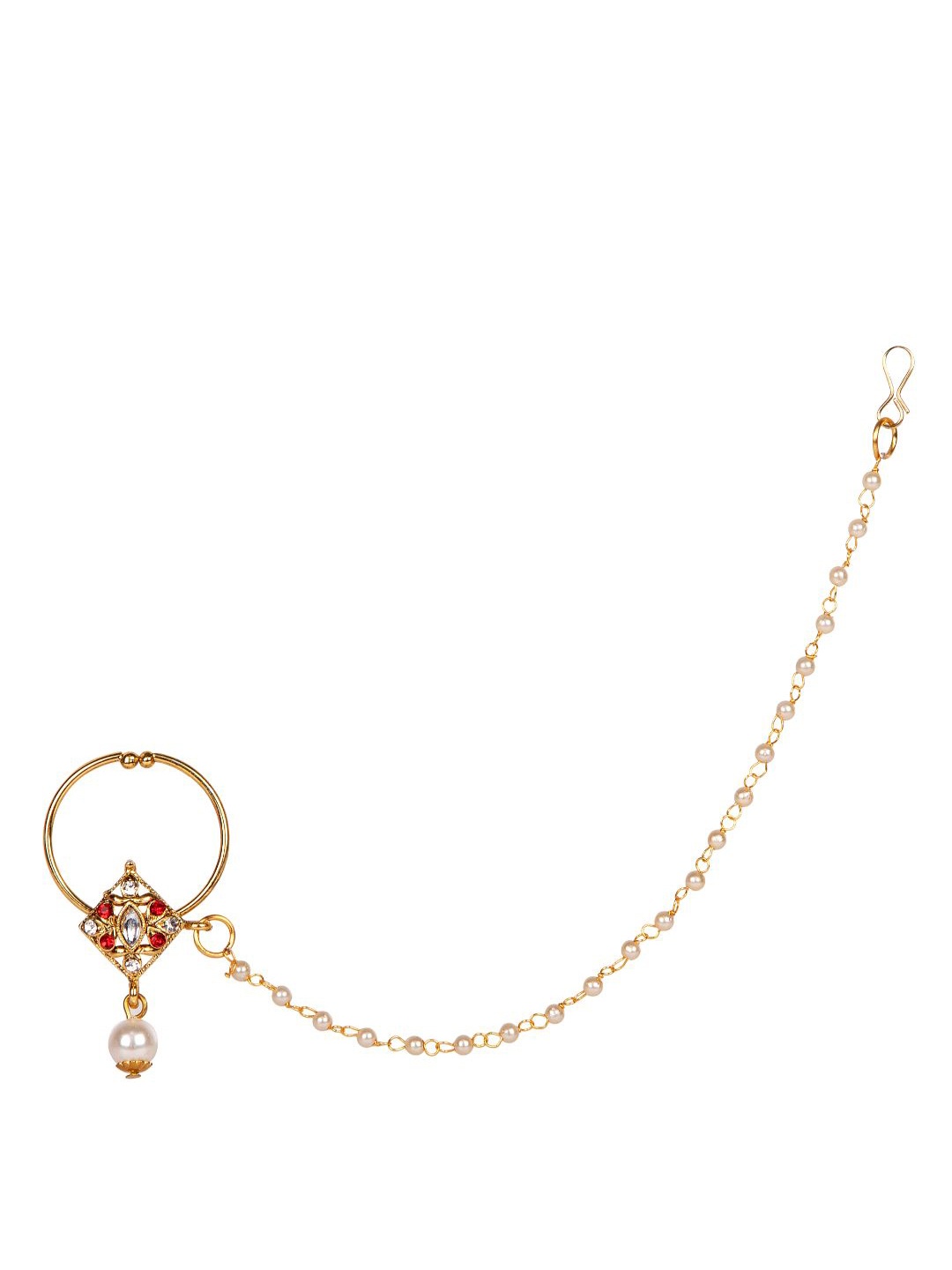 

ANIKAS CREATION Gold-Plated & Off-White Beaded & Stone-Studded Chained Nose Ring