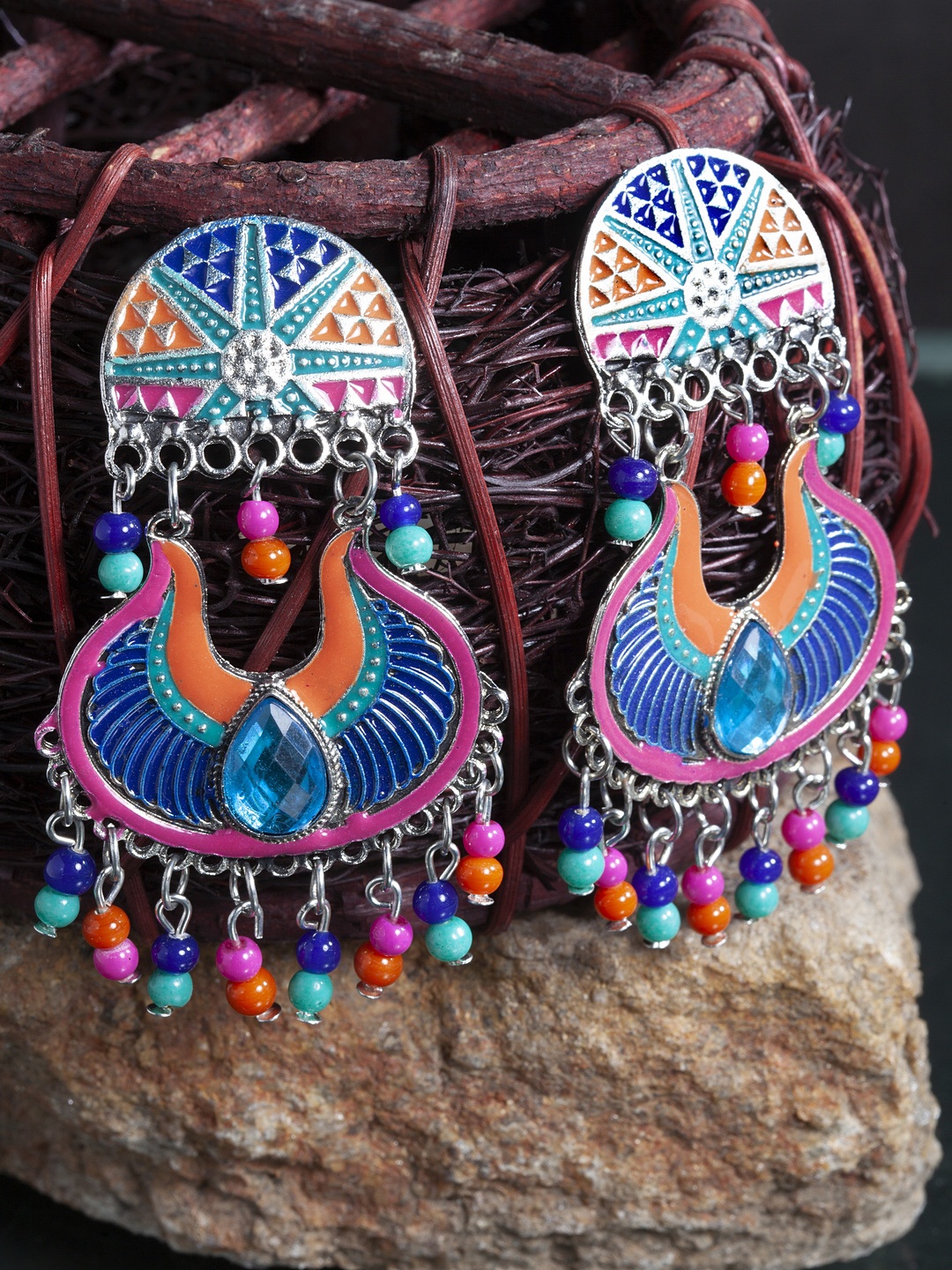 

Moedbuille Silver-Plated Crescent Shaped Handpainted Meenakari German Silver Drop Earrings, Blue