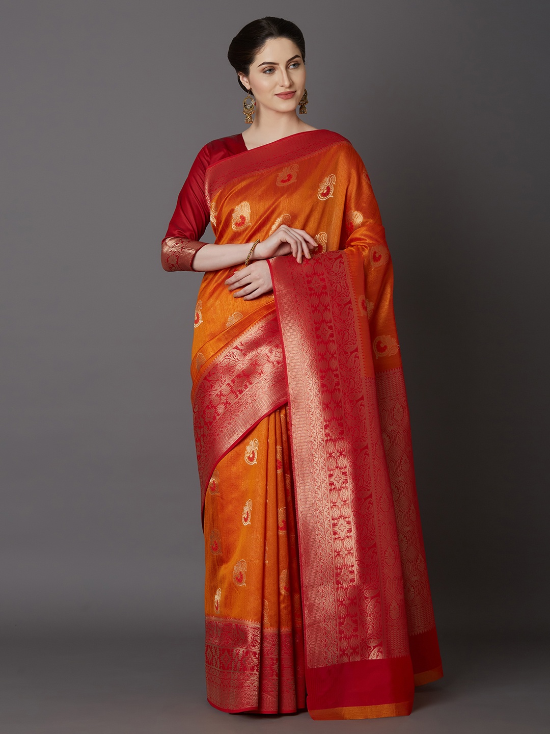 Mitera Orange Silk Blend Woven Design Kanjeevaram Saree