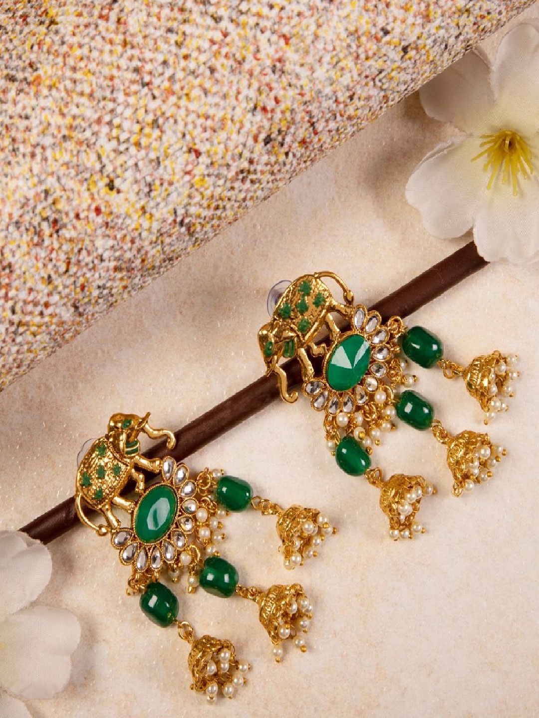 

ANIKAS CREATION Gold-Plated & Green Enamelled Animal Shaped Drop Earrings