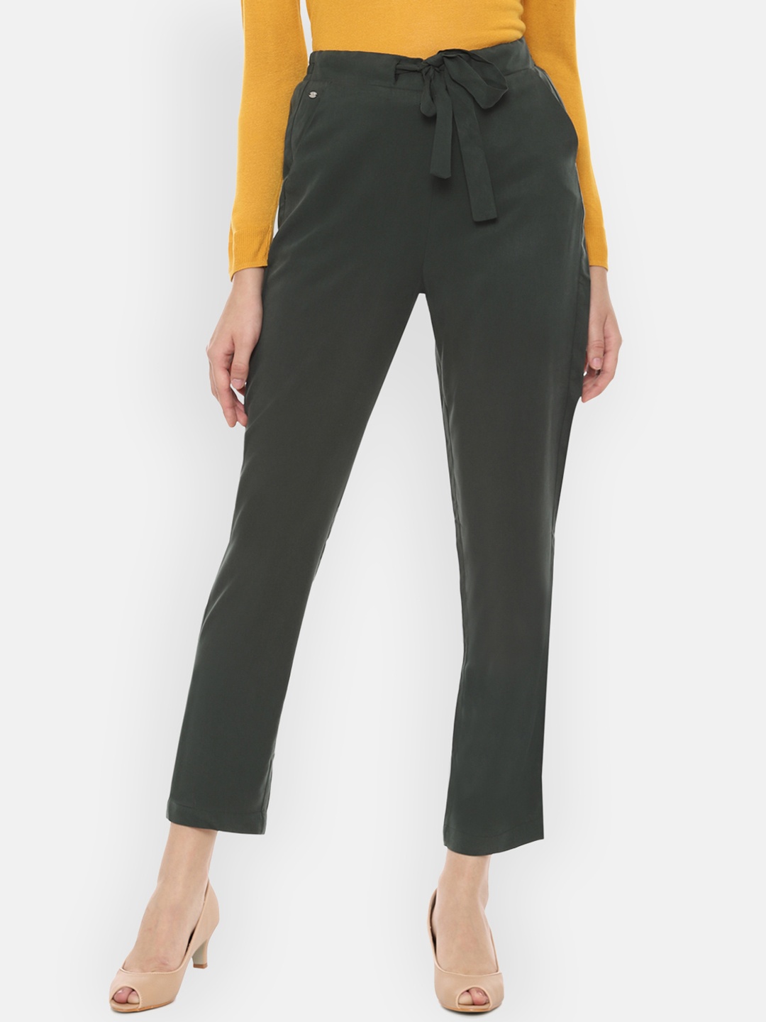 

Allen Solly Woman Olive Green Regular Fit Solid Cigarette Trousers