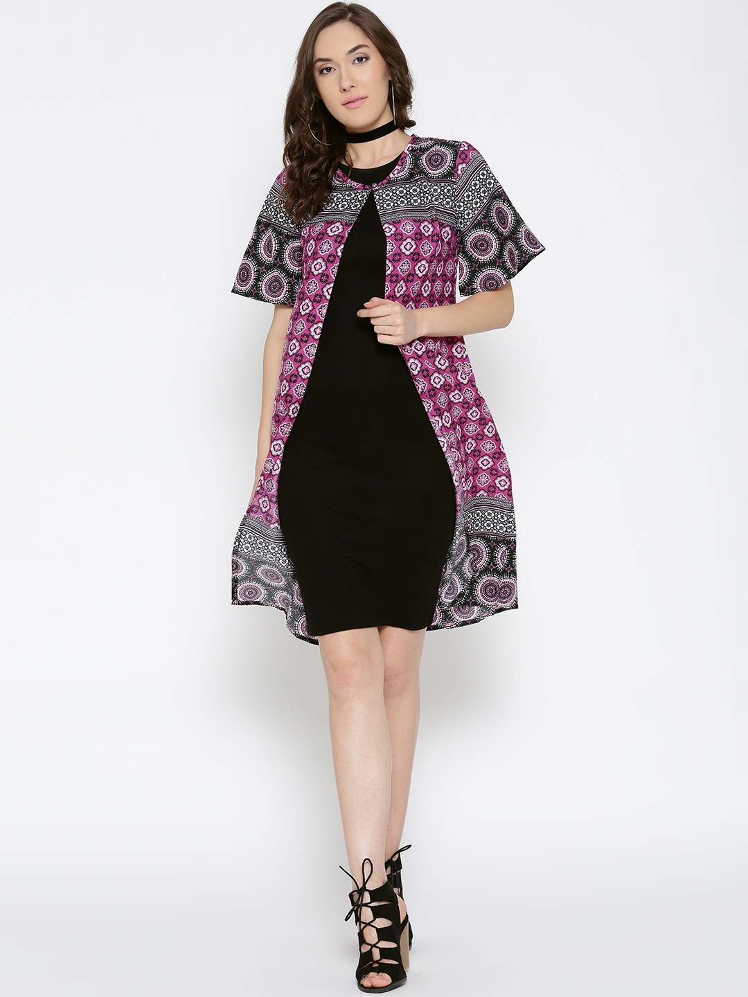 

Sera Women Black & Pink Printed Open Front Shrug