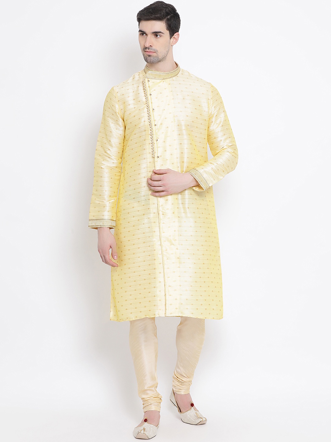 

Sanwara Men Yellow & Beige Woven Design Kurta with Churidar
