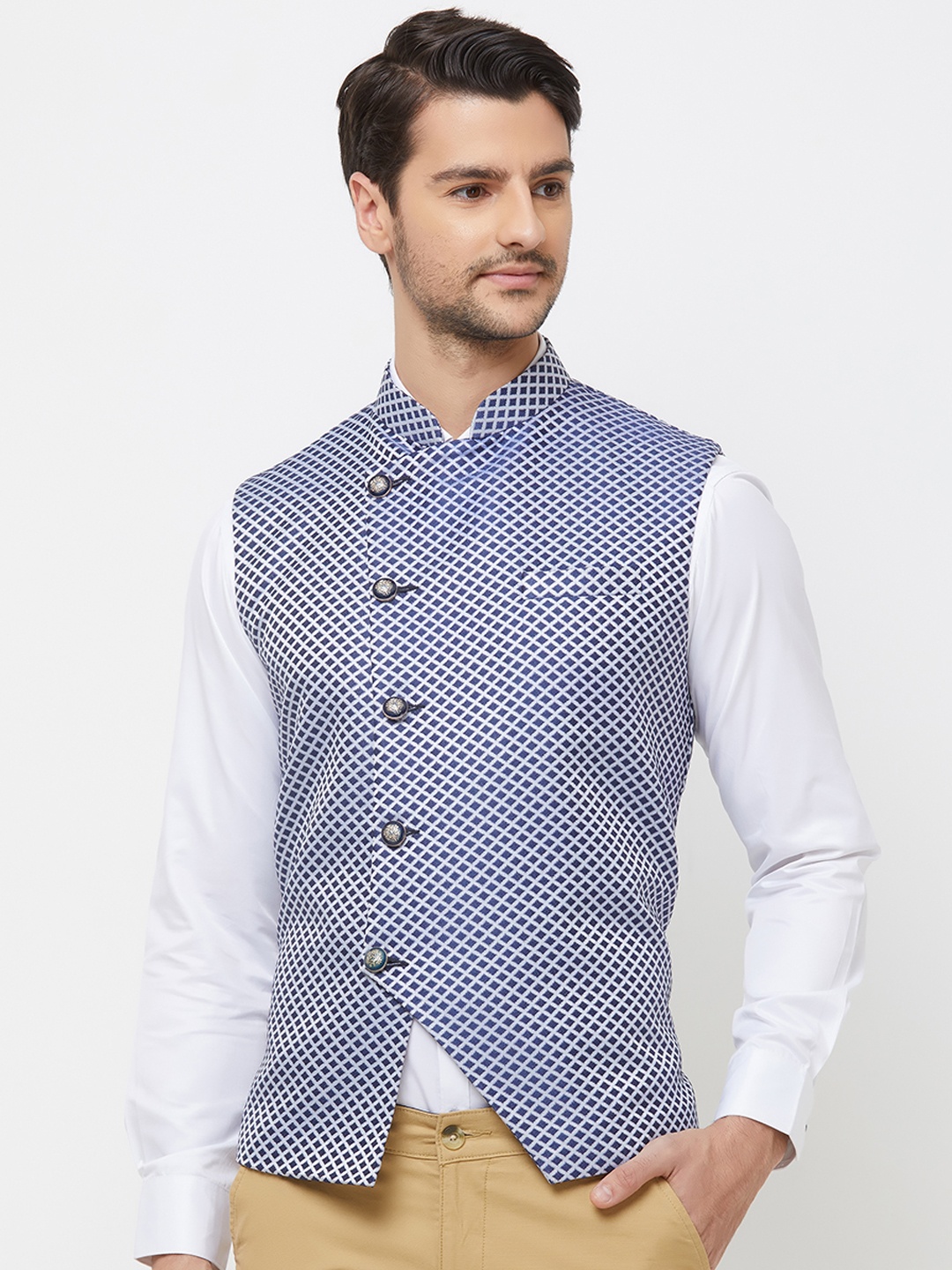 

N Dot Men Blue & White Checked Woven Nehru Jacket