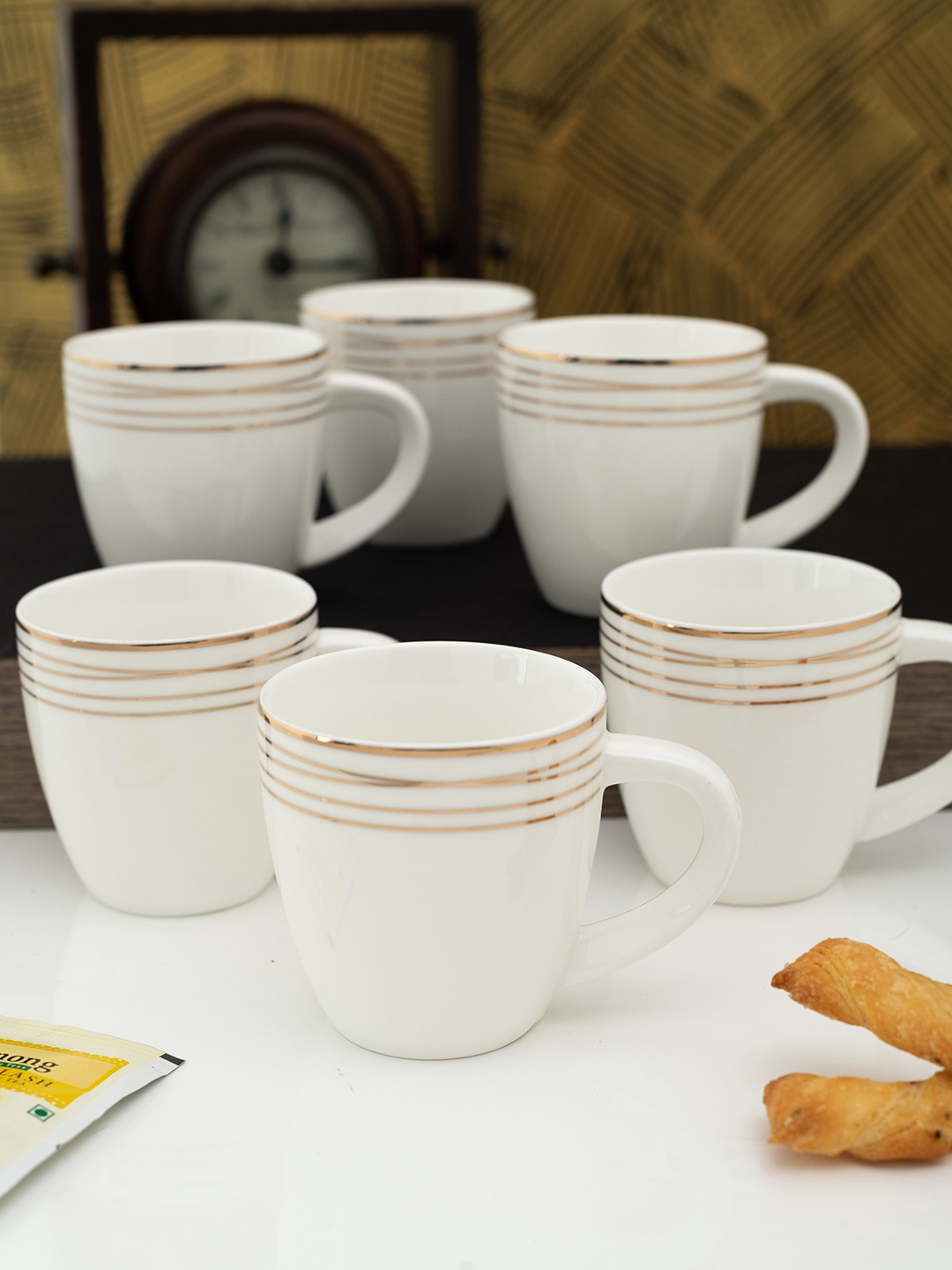 

White Gold Set of 6 White & Gold-Toned Printed Porcelain Cups Set