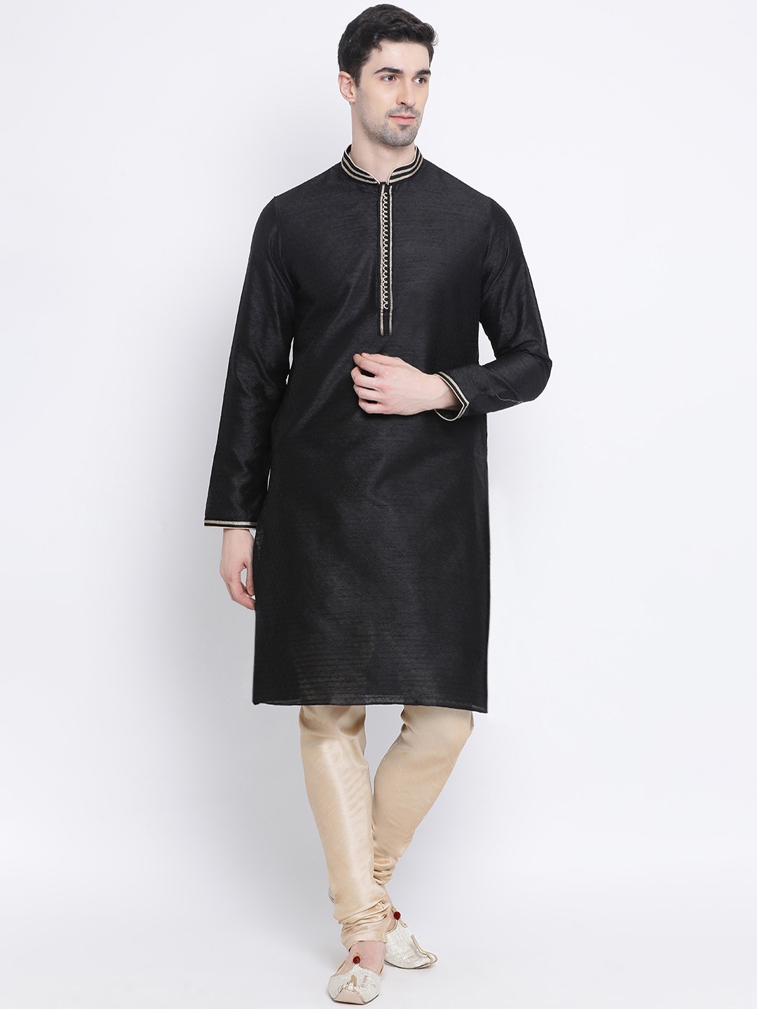 

Sanwara Men Black & Beige Self Design Silk Kurta with Churidar