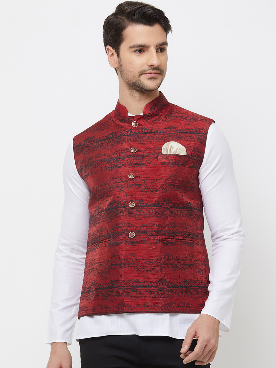 

N Dot Men Red & Black Printed Woven Nehru Jacket
