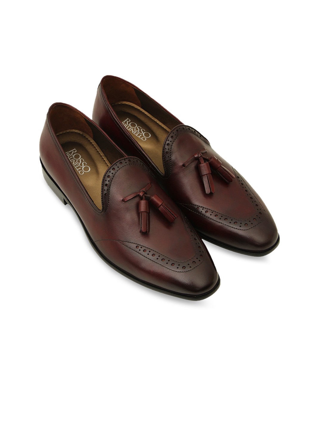 

ROSSO BRUNELLO Men Brown Textured Formal Leather Tasseled Loafers