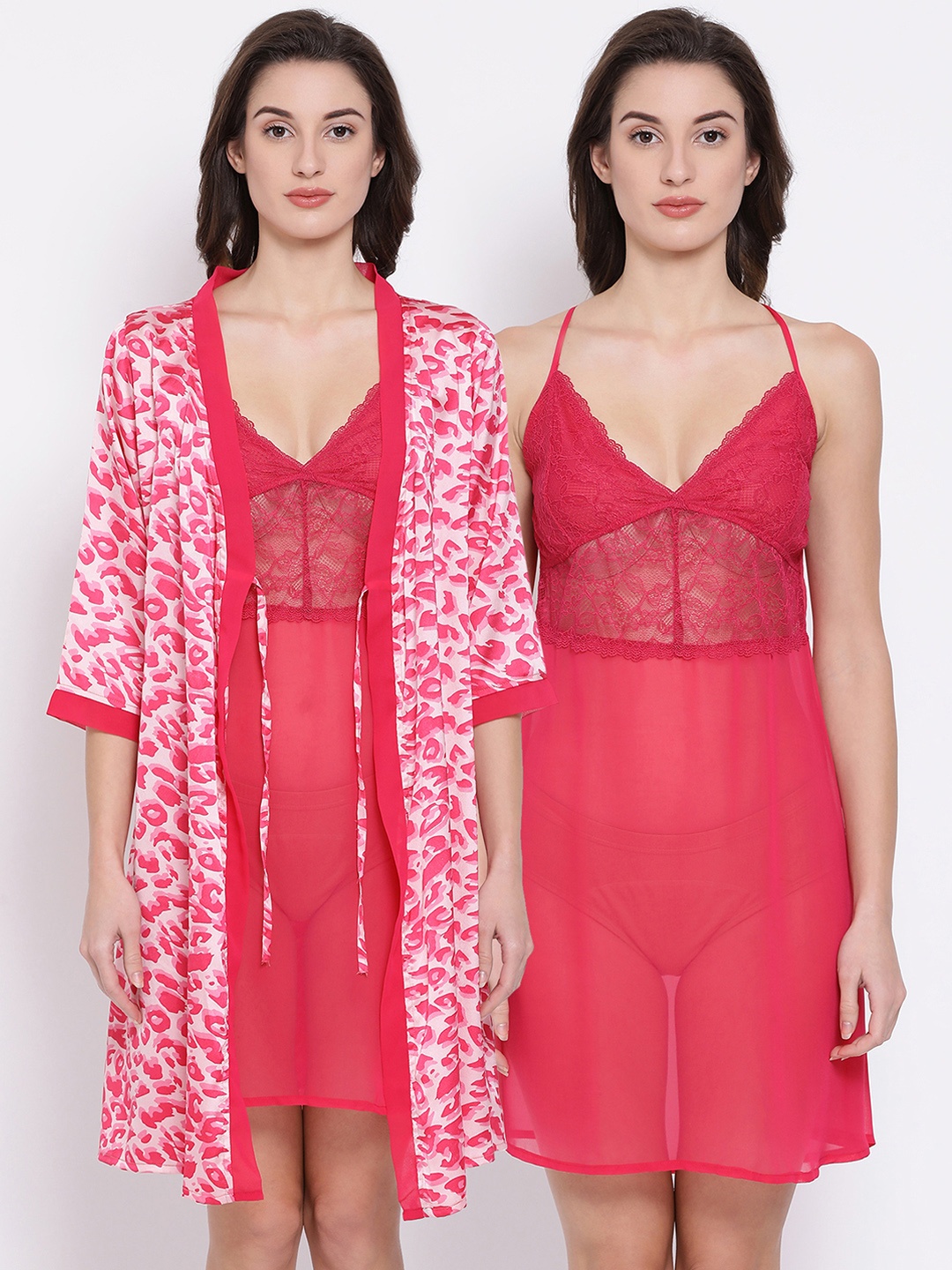 

Clovia Women Pink Printed Nightdress with Robe