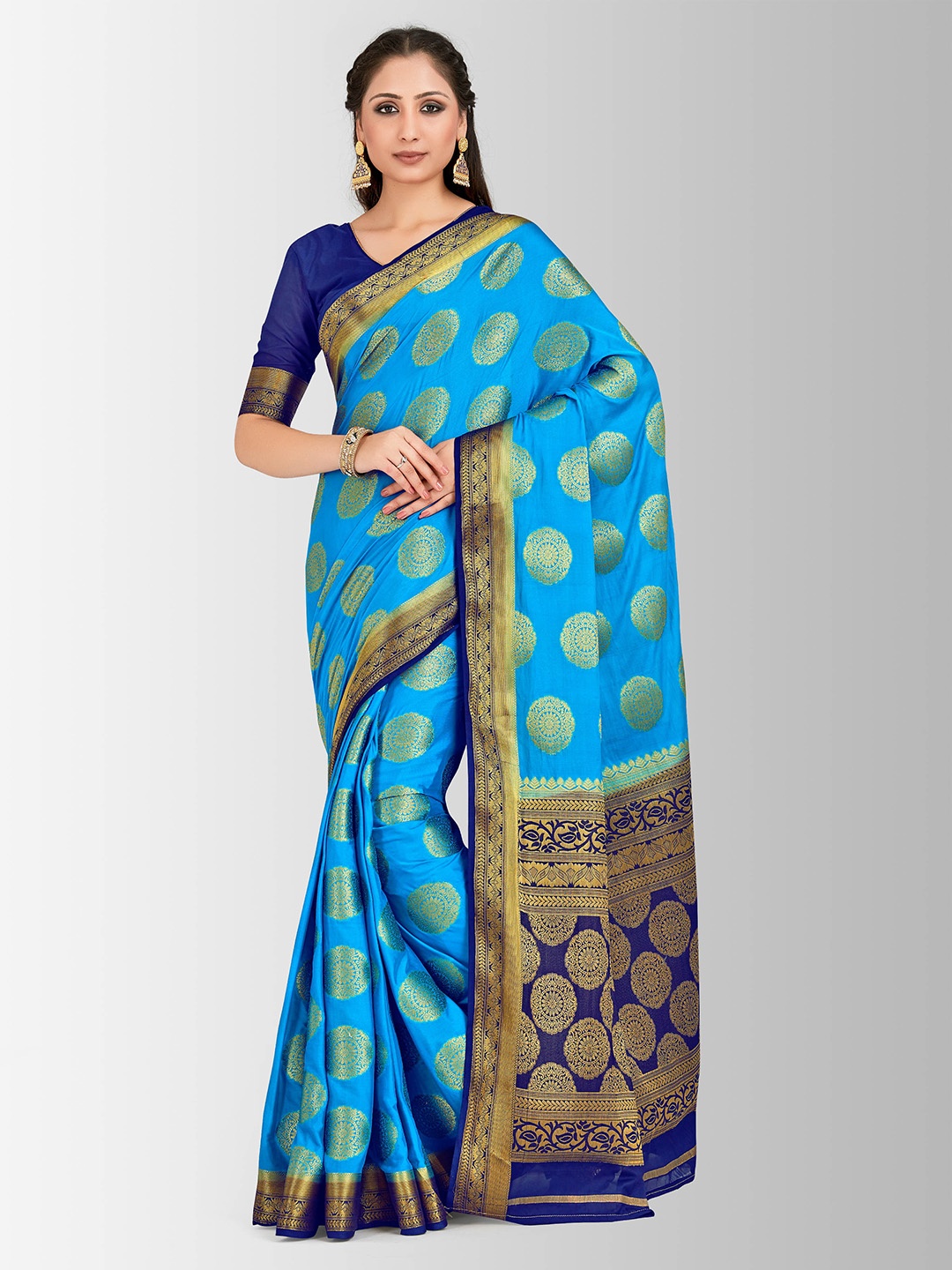 

MIMOSA Blue Poly Crepe Woven Design Mysore Silk Saree