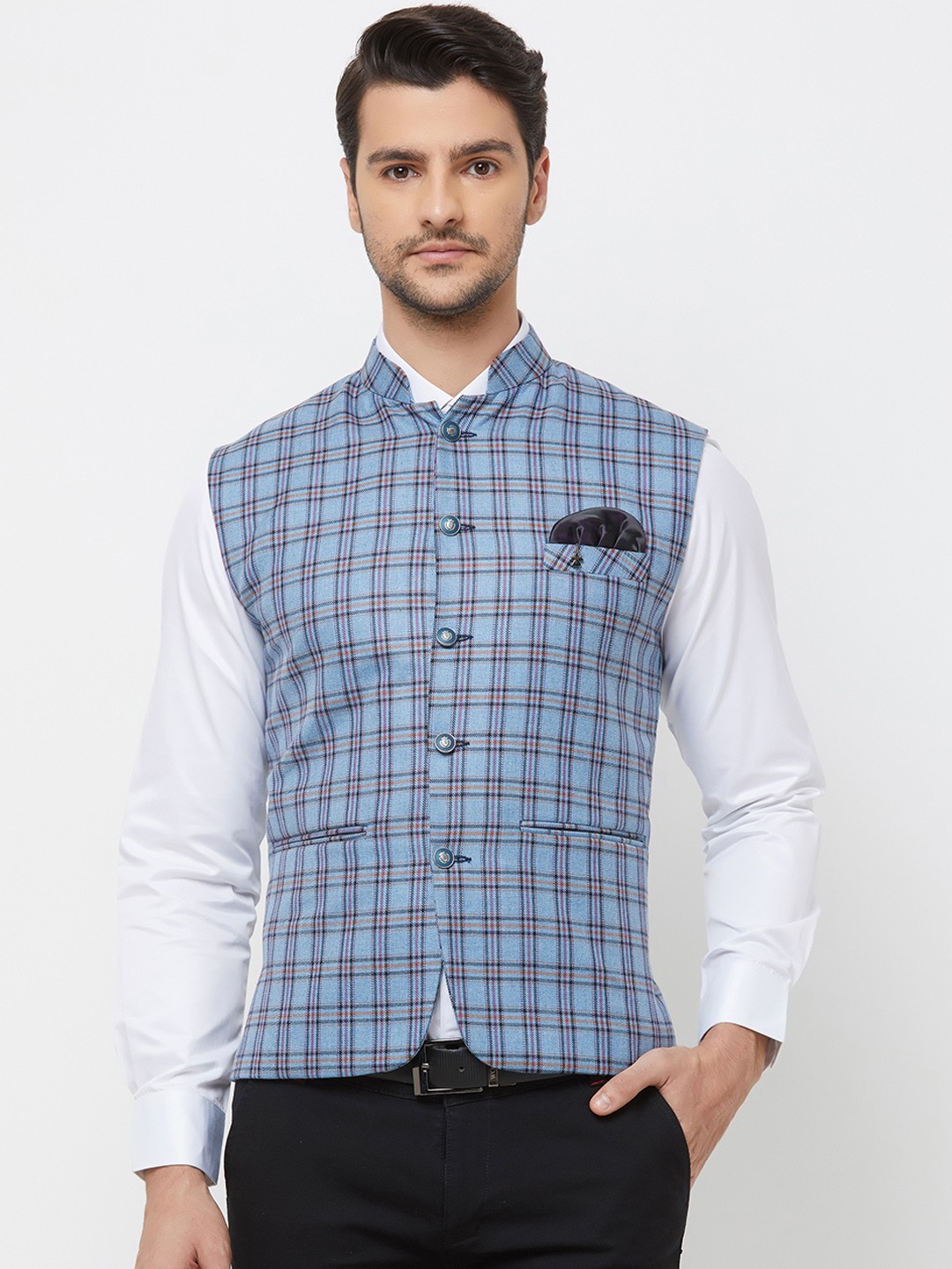 

N Dot Men Blue & Black Checked Woven Nehru Jacket