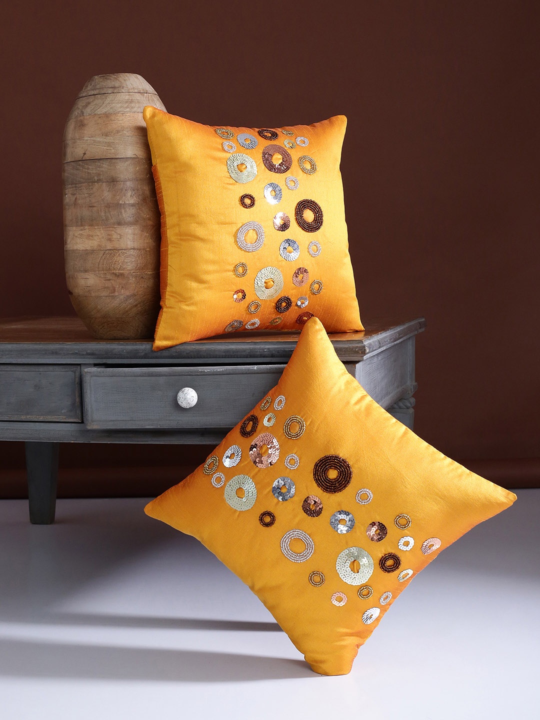 

Alina decor Yellow Set of 2 Embellished Square Cushion Covers
