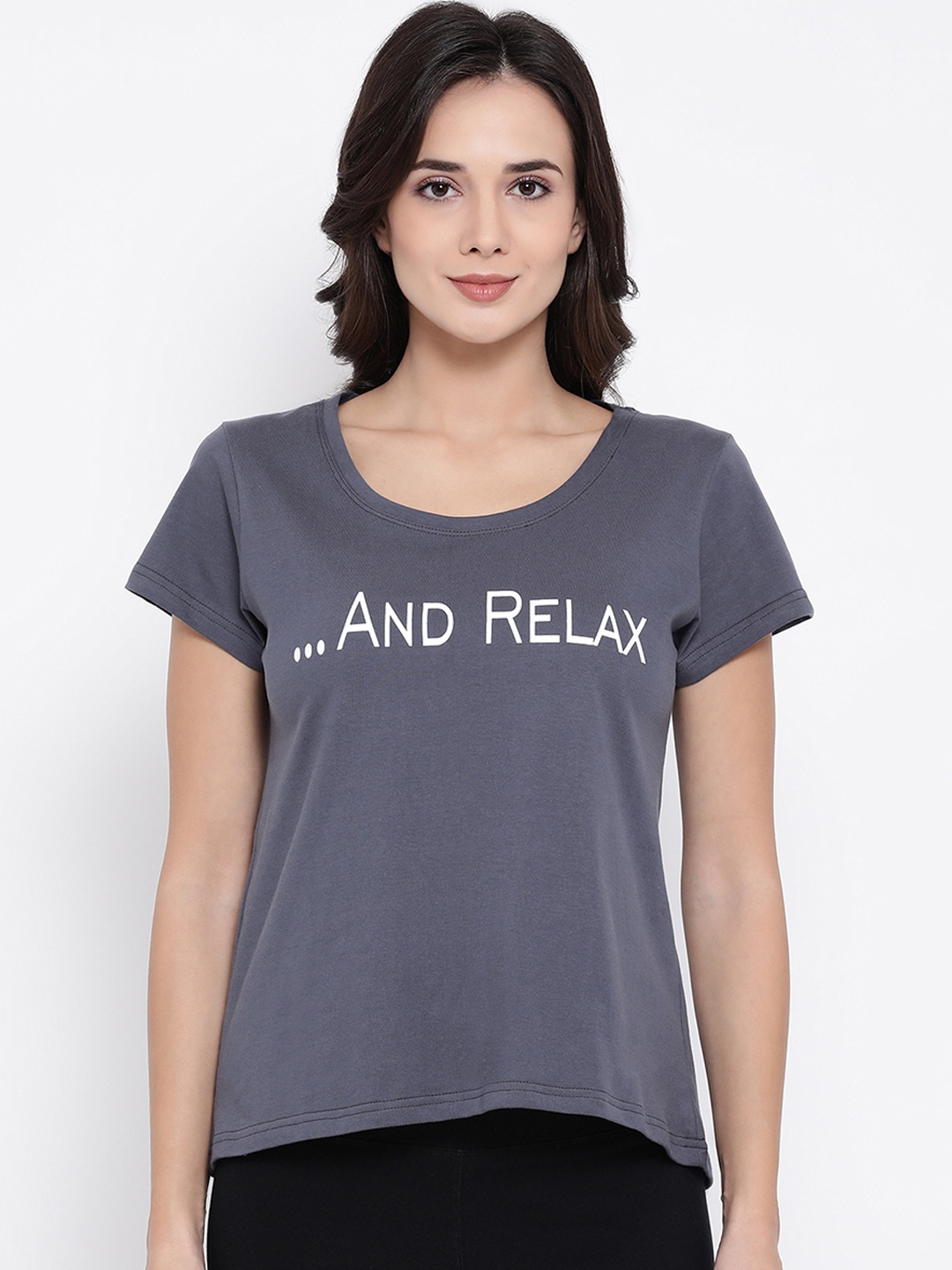 

Clovia Women Charcoal Grey & White Printed Lounge T-shirt