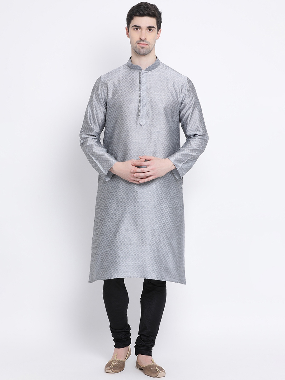 

Sanwara Men Silver-Coloured Woven Design Straight Kurta
