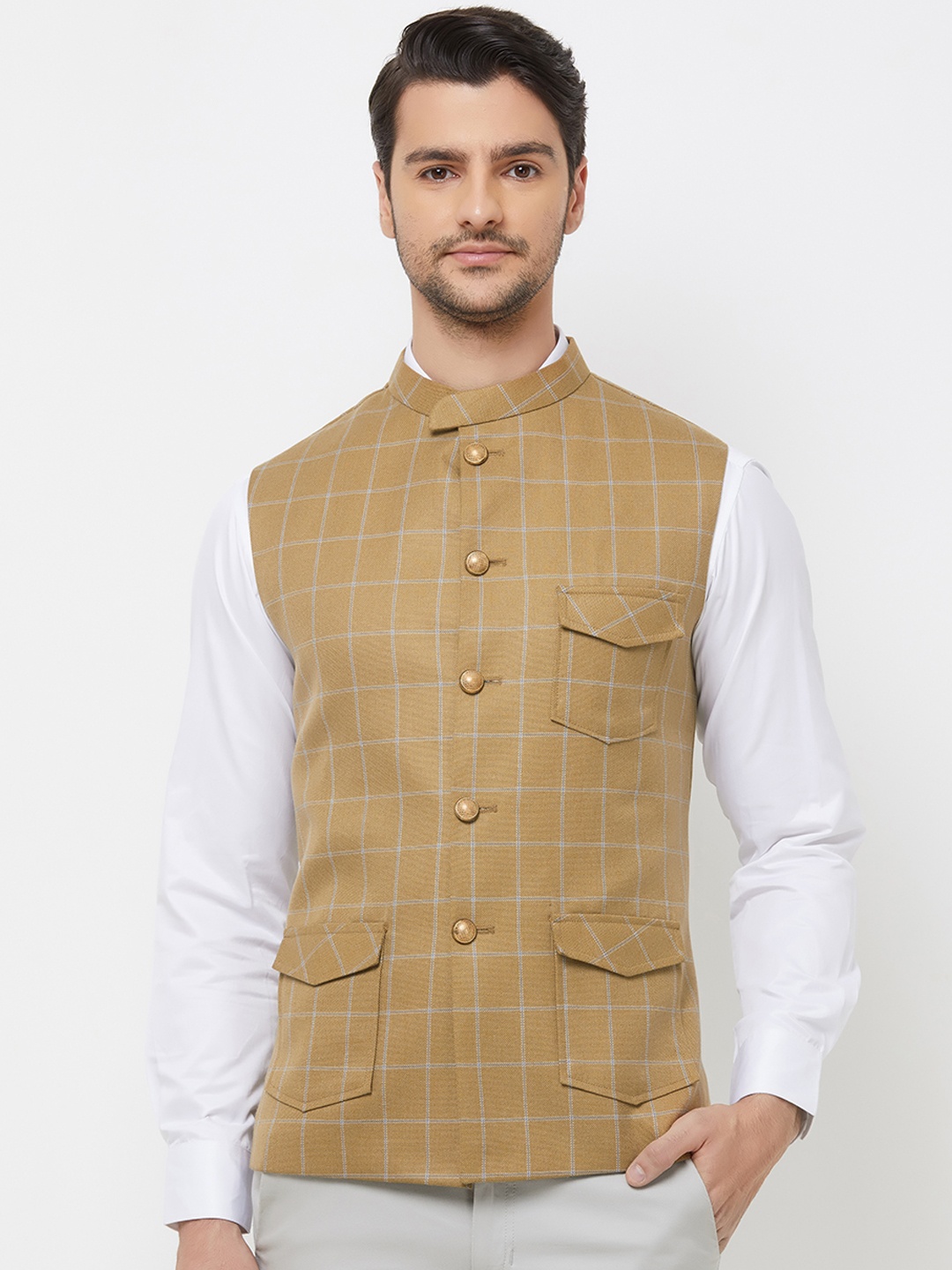 

N Dot Men Camel Brown & Grey Checked Woven Nehru Jacket
