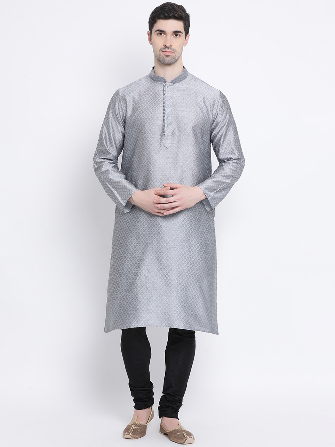 

Sanwara Men Silver-Coloured & Black Self Design Pure Silk Kurta with Churidar