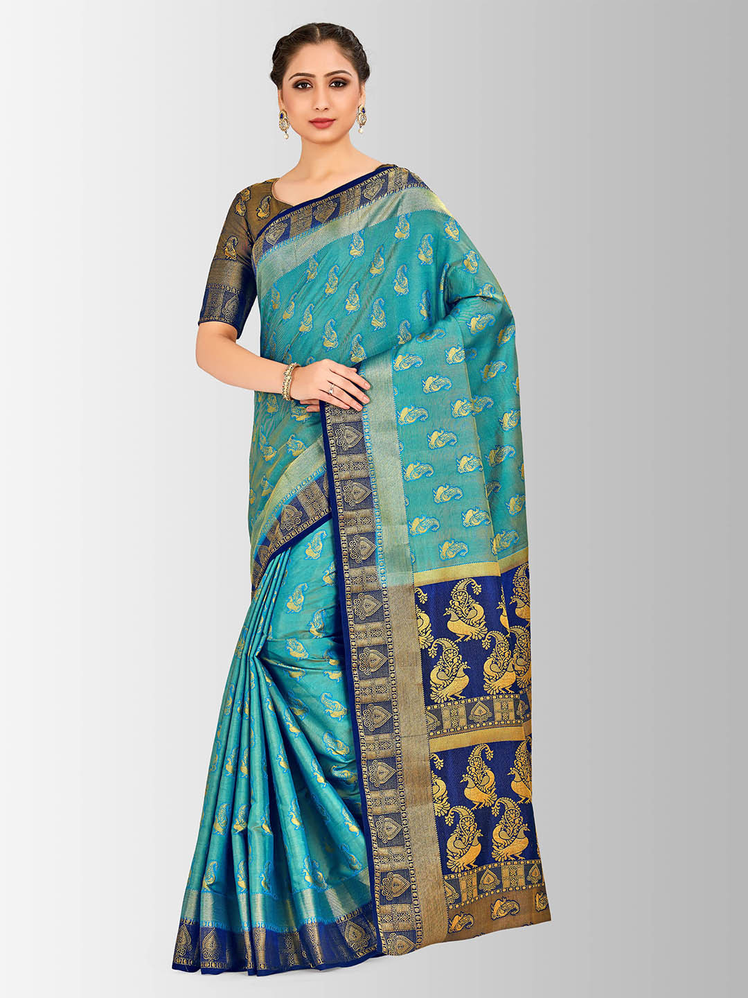 

MIMOSA Turquoise Blue Art Silk Woven Design Kanjeevaram Saree