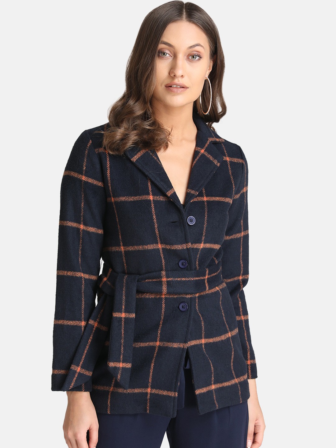 

Kazo Women Navy Blue Checked Overcoat
