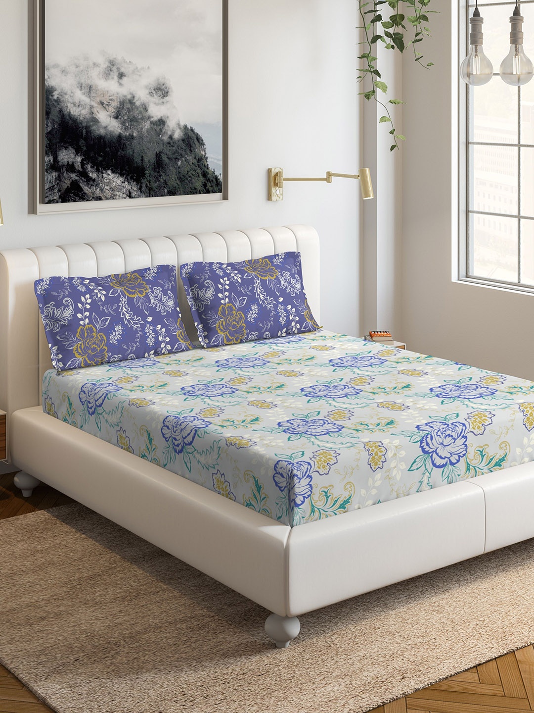 DDecor Blue & Grey Floral 144 TC Cotton 1 Queen Bedsheet with 2 Pillow Covers