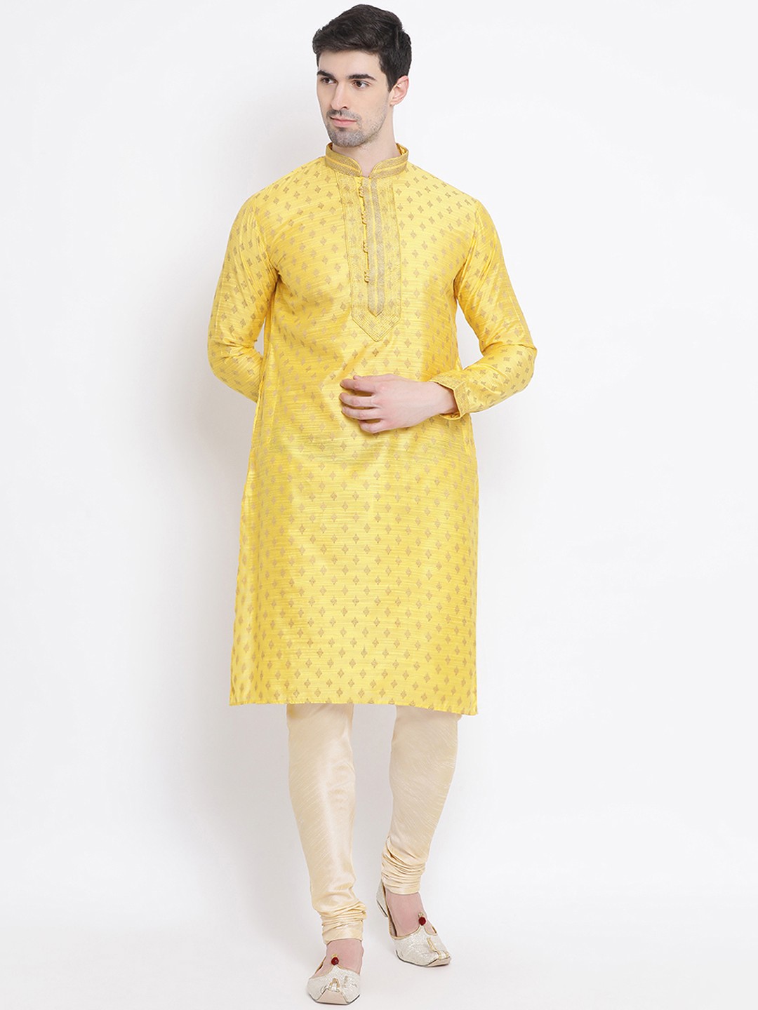 

Sanwara Men Yellow & Gold-Coloured Woven Design Silk Kurta with Churidar