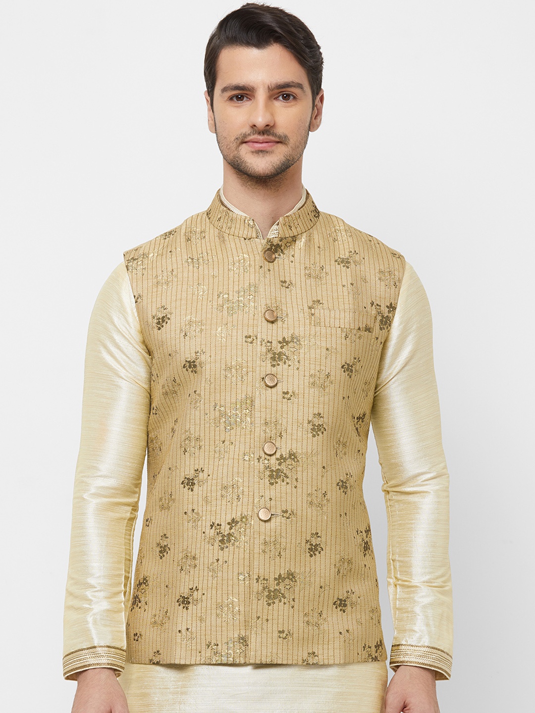 

N Dot Men Gold-Toned Printed Pure Silk Woven Nehru Jacket